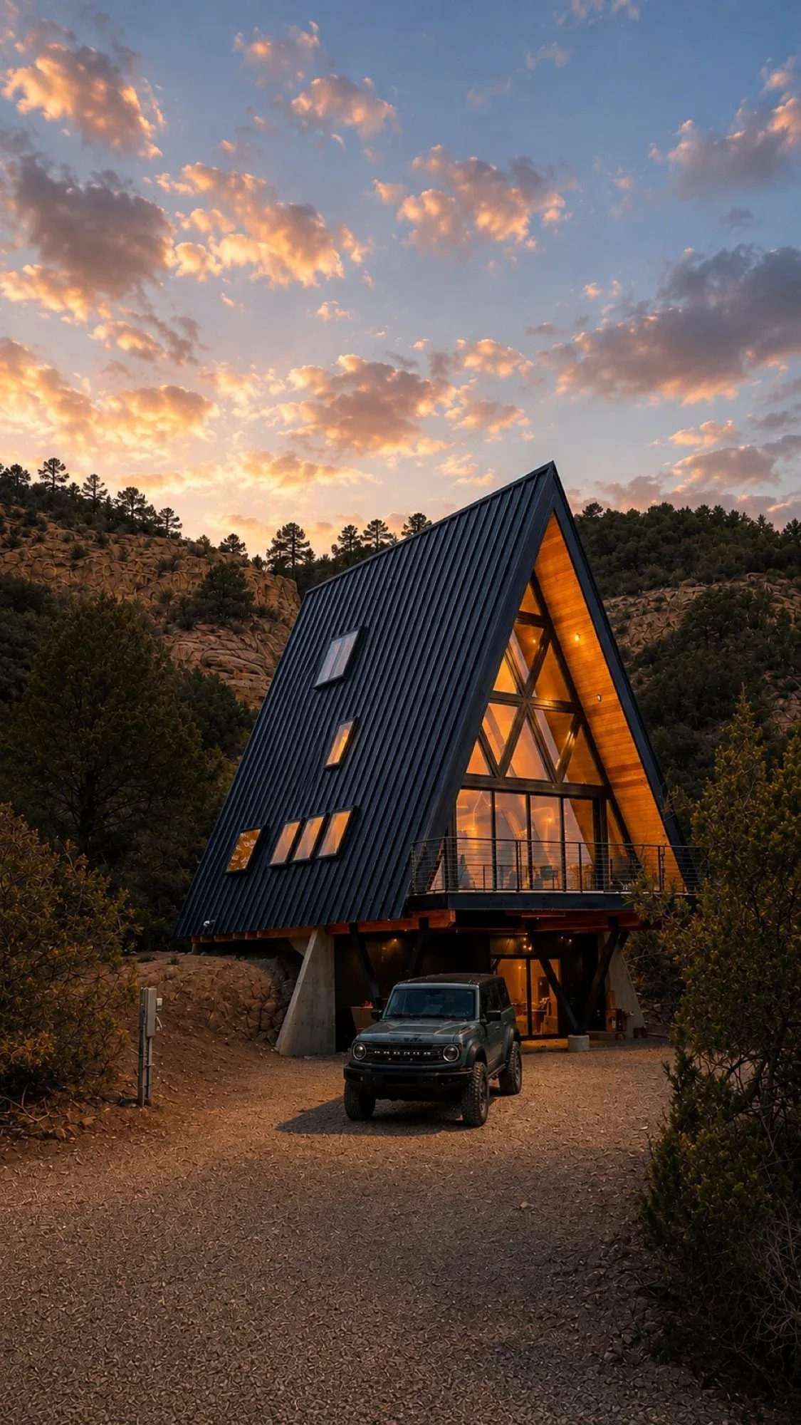 Arka at dusk: a black-roofed A-frame with a glowing glass front, set among pinyon and juniper on a rocky hillside, a vehicle parked below.