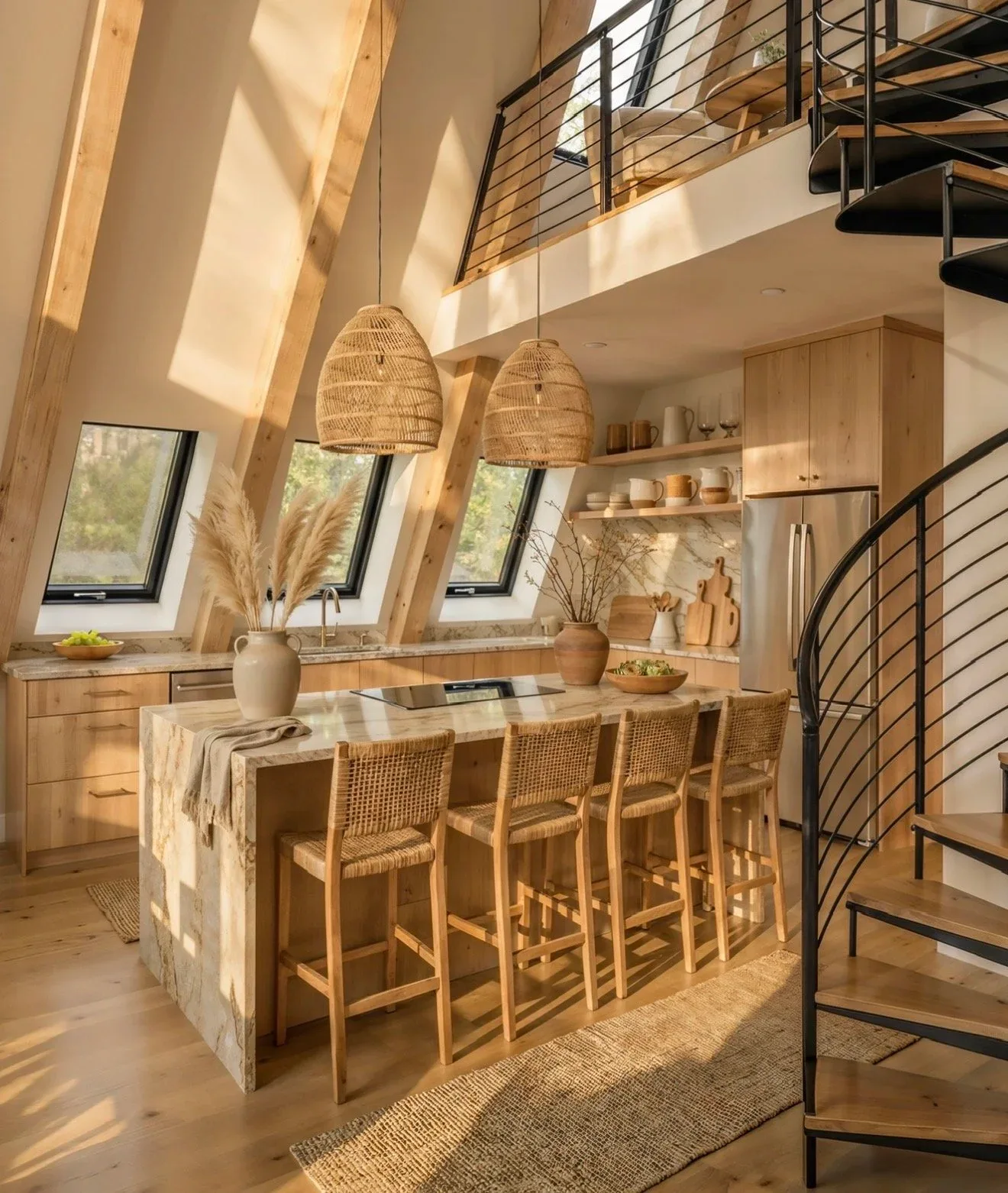 The chef’s kitchen: a marble island with four wooden chairs, open shelving, rattan pendant lights and the spiral staircase beside the tall windows.